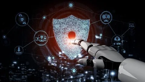 Future artificial intelligence robot and cyborg. 3D illustration. Illustrazione stock