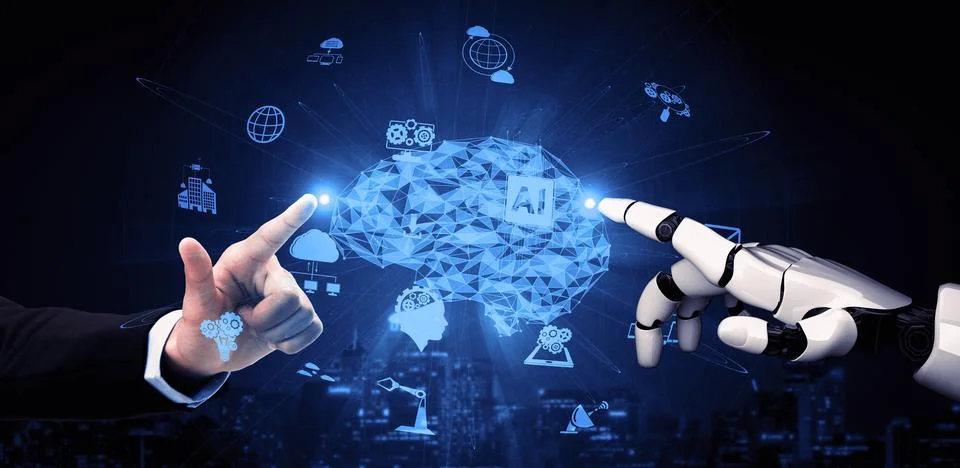 Future artificial intelligence robot and cyborg. 3D illustration. Illustrazione stock