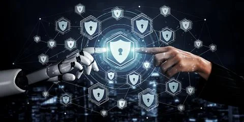 Future artificial intelligence robot and cyborg. 3D illustration. Illustrazione stock