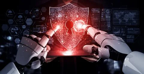 Future artificial intelligence robot and cyborg. 3D illustration. Illustrazione stock