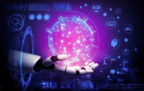 Future artificial intelligence robot and cyborg. 3D illustration. Illustrazione stock