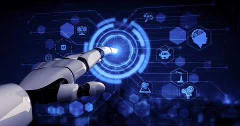 Future artificial intelligence robot and cyborg. 3D illustration. Illustrazione stock