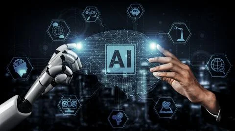 Future artificial intelligence robot and cyborg. 3D illustration. Illustrazione stock