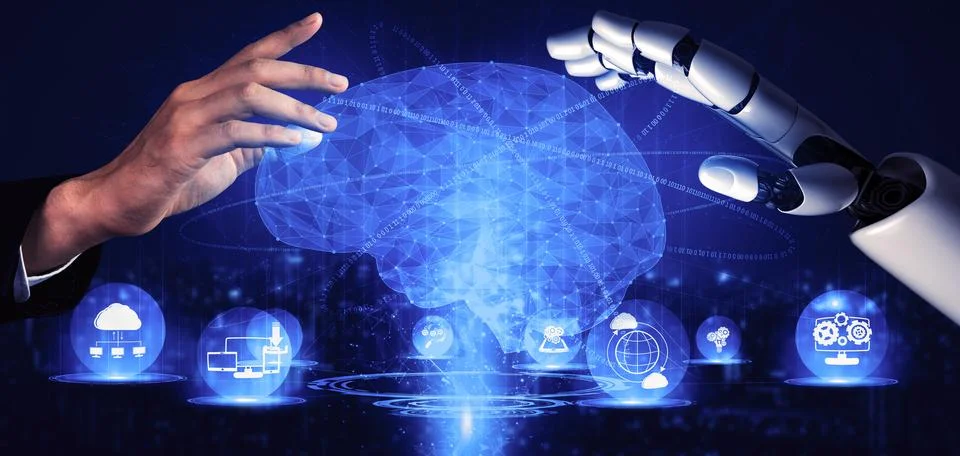 Future artificial intelligence robot and cyborg. 3D illustration. Illustrazione stock