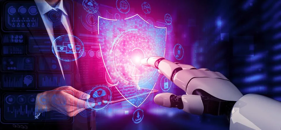 Future artificial intelligence robot and cyborg. 3D illustration. Illustrazione stock