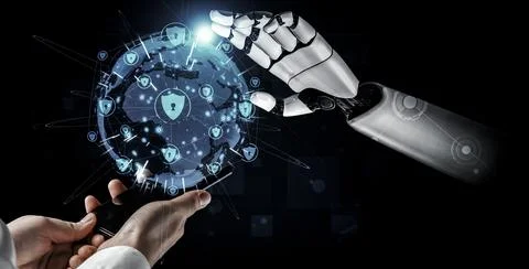 Future artificial intelligence robot and cyborg. 3D illustration. Illustrazione stock