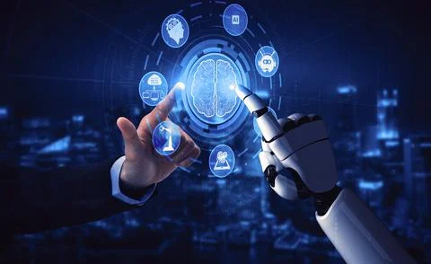 Future artificial intelligence robot and cyborg. 3D illustration. Illustrazione stock