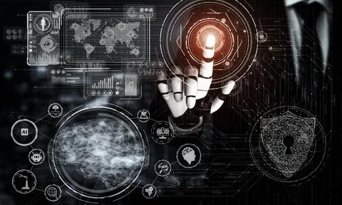 Future artificial intelligence robot and cyborg. 3D illustration. Illustrazione stock