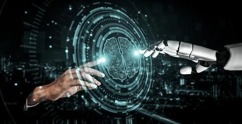 Future artificial intelligence robot and cyborg. 3D illustration. Illustrazione stock