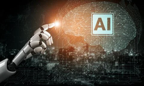 Future artificial intelligence robot and cyborg. 3D illustration. Illustrazione stock