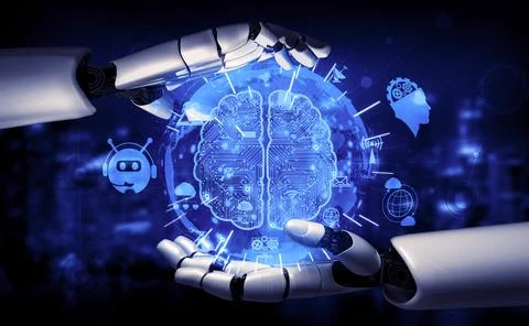 Future artificial intelligence robot and cyborg. 3D illustration. Illustrazione stock