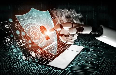 Future artificial intelligence robot and cyborg. 3D illustration. Illustrazione stock