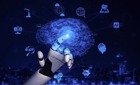 Future artificial intelligence robot and cyborg. 3D illustration. Illustrazione stock