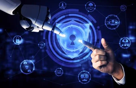 Future artificial intelligence robot and cyborg. 3D illustration. Illustrazione stock