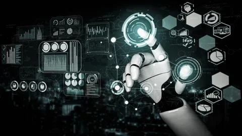 Future artificial intelligence robot and cyborg. 3D illustration. Stock Illustration