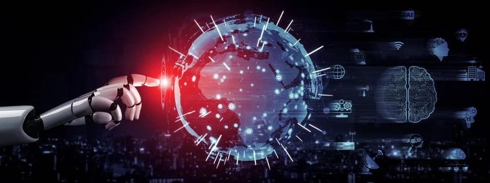 Future artificial intelligence robot and cyborg. 3D illustration. Illustrazione stock