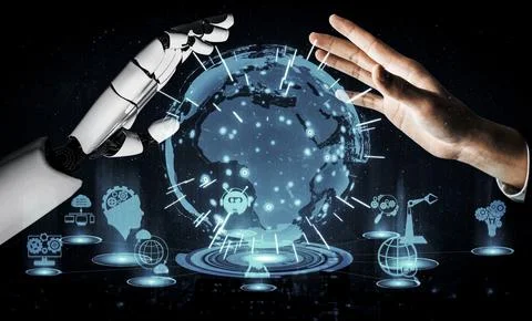 Future artificial intelligence robot and cyborg. 3D illustration. Illustrazione stock
