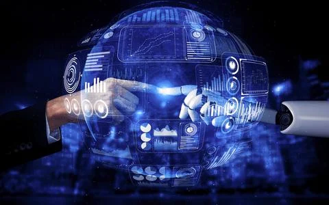 Future artificial intelligence robot and cyborg. 3D illustration. Illustrazione stock