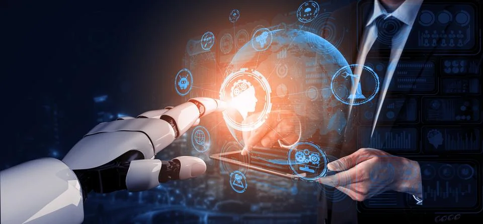 Future artificial intelligence robot and cyborg. 3D illustration. Illustrazione stock