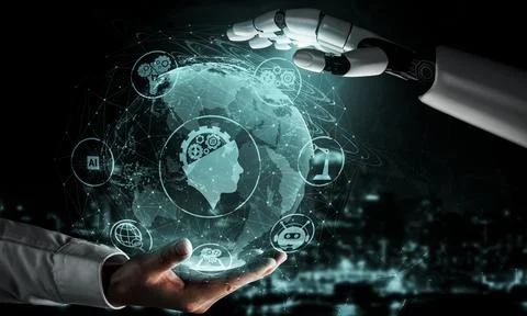 Future artificial intelligence robot and cyborg. 3D illustration. Illustrazione stock