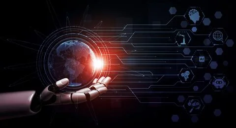 Future artificial intelligence robot and cyborg. 3D illustration. Illustrazione stock