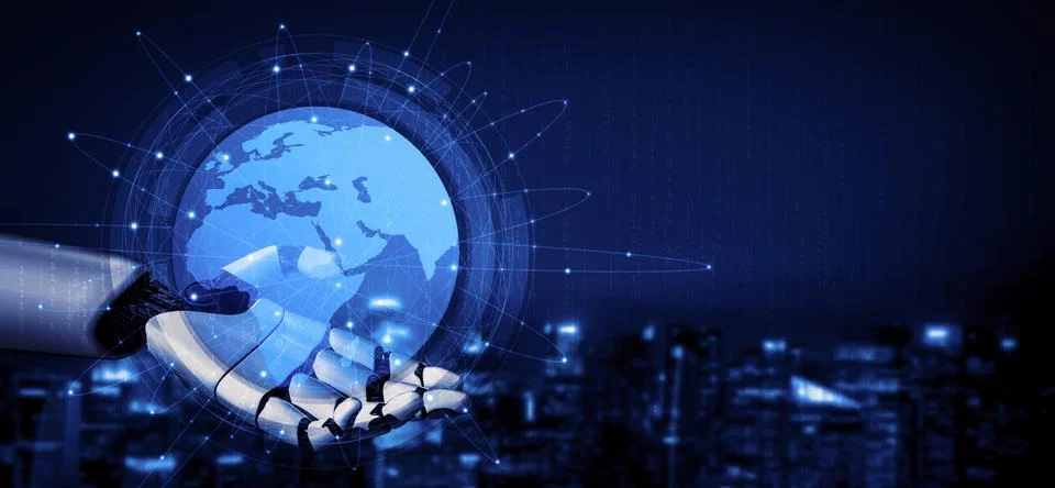 Future artificial intelligence robot and cyborg. 3D illustration. Illustrazione stock