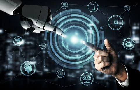 Future artificial intelligence robot and cyborg. 3D illustration. Illustrazione stock