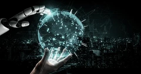 Future artificial intelligence robot and cyborg. 3D illustration. Illustrazione stock