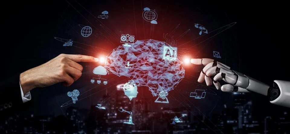 Future artificial intelligence robot and cyborg. 3D illustration. Illustrazione stock