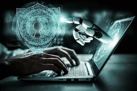 Future artificial intelligence robot and cyborg. 3D illustration. Illustrazione stock