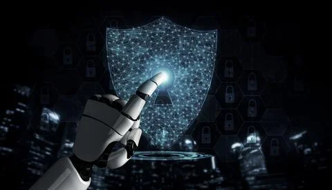 Future artificial intelligence robot and cyborg. 3D illustration. Illustrazione stock