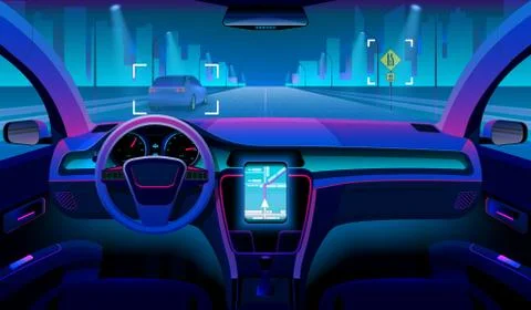 Future autonomous vehicle, driverless car interior with obstacles and night Stock Illustration