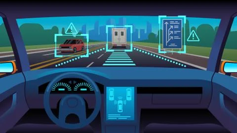 Future autonomous vehicle. Driverless car interior futuristic autonomous Stock Illustration