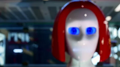 The future belongs to robots, Serving by android robots. Shown is a robot head Video stock 156446984