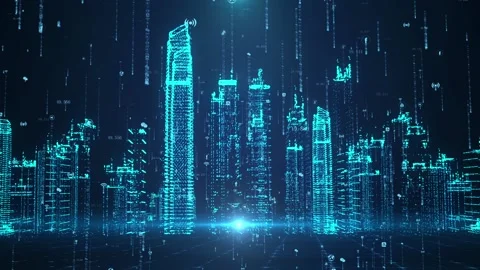 Future blue technology digital particle intelligent high-rise city backgroun Видео 146888244