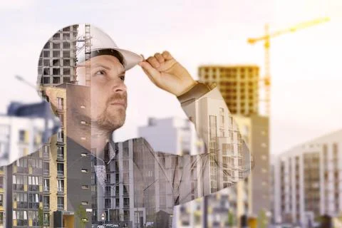 Future building construction engineering project concept with double exposure 스톡 사진