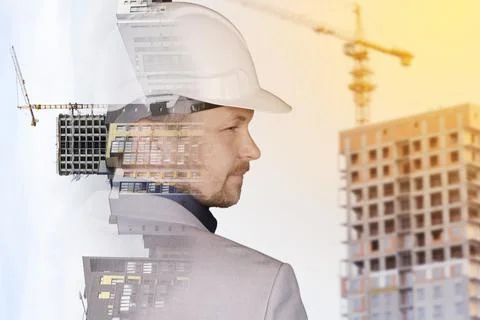 Future building construction engineering project concept with double exposure 스톡 사진