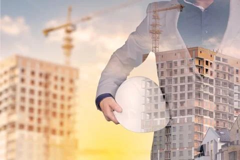 Future building construction engineering project concept with double exposure 스톡 사진