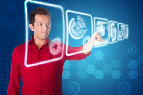 Future business interface solution Business man in red shirt clicking on f... Foto stock