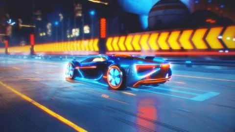 Future car going on the road with electric blasts and energy fluids 4k animation Stock Illustration