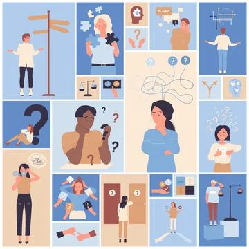 Future choice and decision critical mindset, psychology set with people in doubt Stock Illustration