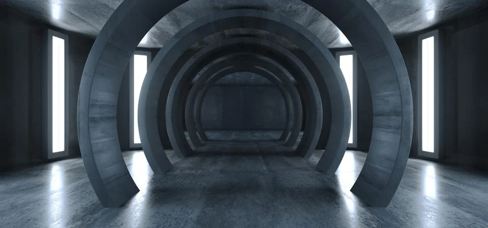 Future Circle Modern Elegant Alien Space Ship Tunnel Corridor Grunge Concrete Illustrazione stock