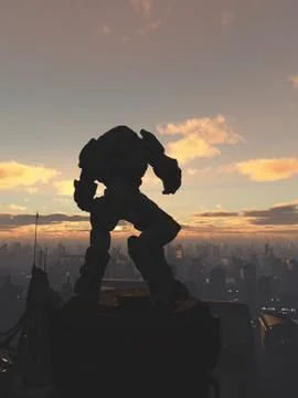 Future City - Robot Sentinel at Sunset Stock Illustration