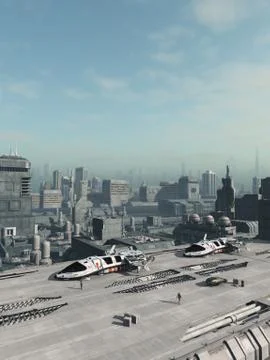 Future City Space Ship Shuttle Park Stock Illustration