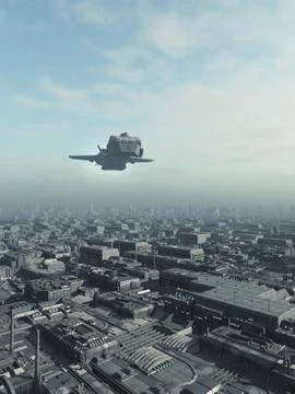 Future City Spaceship Overflight Stock Illustration