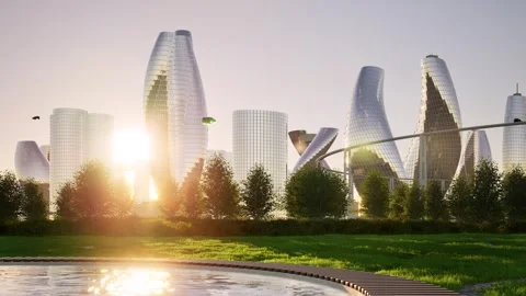 Future city sunset big Sun disc sky train maglev Stock Footage 277187040
