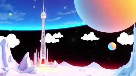 Future Cityscape: Towering Structures and Celestial Wonders on a Distant Planet Stock Footage 318050893