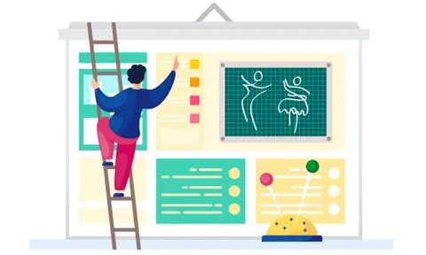 Future cloth planning. Pattern of clothes. Guy standing on the ladder and points Stock Illustration