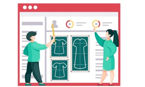 Future cloth planning. Pattern of clothes for custom tailoring. Team measures Illustrazione stock