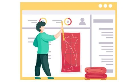 Future cloth planning. Pattern of clothes for custom tailoring. Guy measures the Illustrazione stock